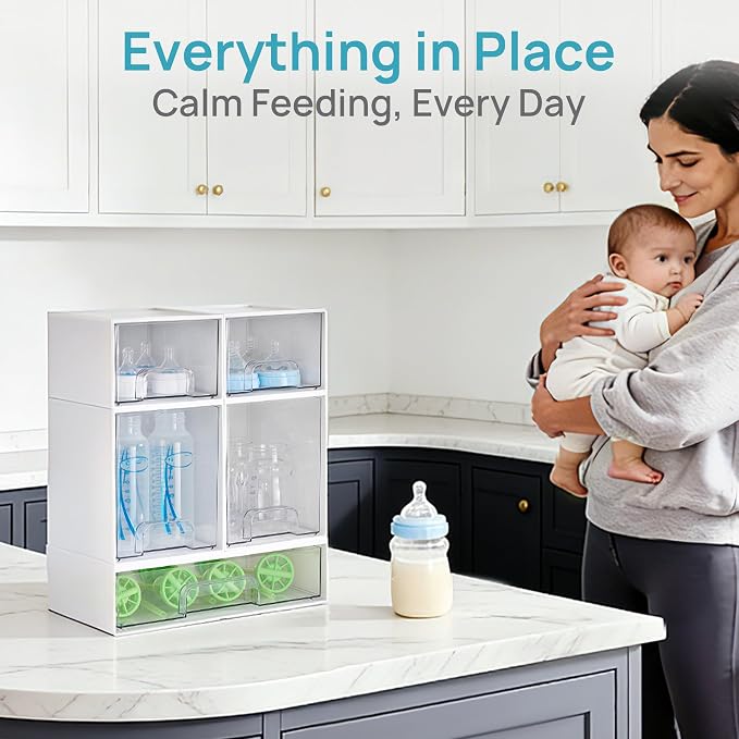 Vtopmart Stackable Storage Drawers Set of 5, Baby Bottle Organizer, White | Multi-purpose Boxes for Bathroom, Beauty Supplies,Ideal for Kichen Countertop, Vanity, Pantry Organization