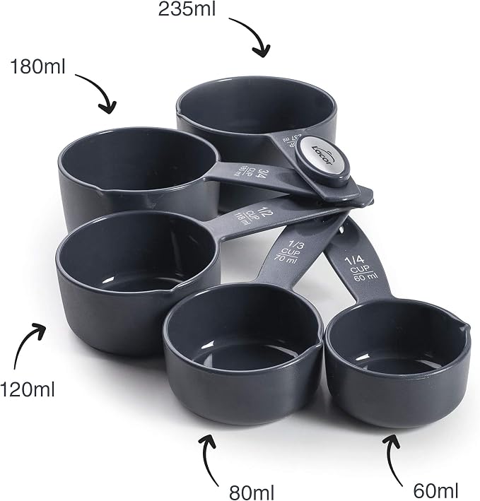 LACOR 67036 – Set of 5 Measuring Cups, Pastries, BPA Free Plastic, Stackable, ml and Cups, Side Pourer, Dishwasher Safe, Dark Grey