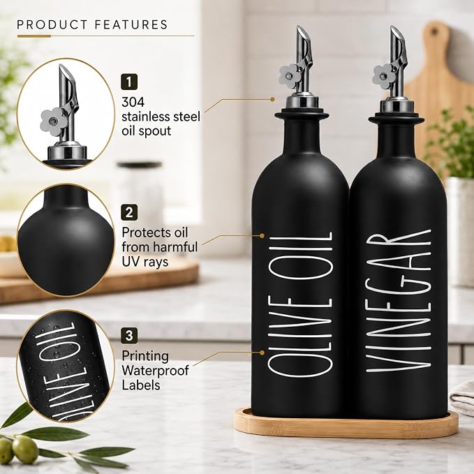 HOMCDALY 16oz Olive Oil Dispenser Bottles for Kitchen, Glass Black Oil&Vinegar Dispenser Set, Kitchen Olive Oil Bottles with Bamboo Tray| Set of 2 (16oz-P-Black)