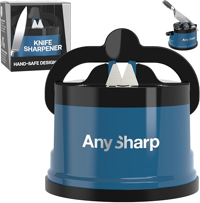 AnySharp – Global – Hands Free Knife Sharpener - Easy to Use Sharpening Tool with PowerGrip Suction Base and 20-Degree Pre-Set Angle - for All Knives: Chef's, Serrated, and Hardened Steel - Blue
