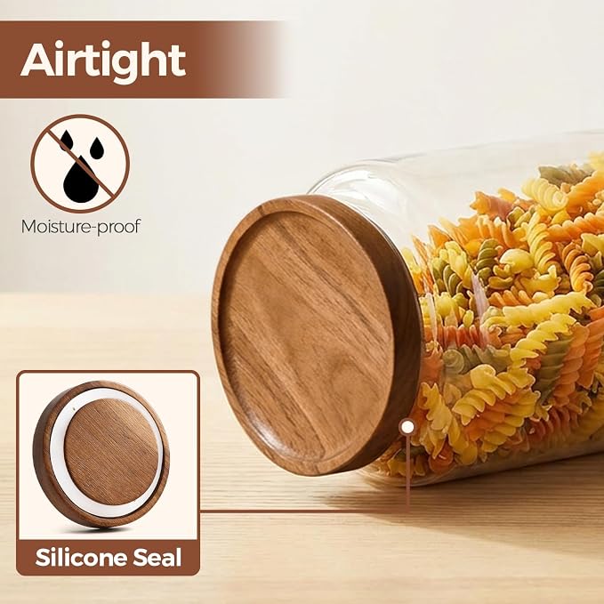 ComSaf Flour Storage Containers with Acacia Wood Lids 1Gallon 2Pack | 4.2Qt Large Glass Jar, for Cooks, Flour Cereal Rice Oats, Kitchen Pantry, 4.4in Wide Mouth, Canister with Scoops & Labels