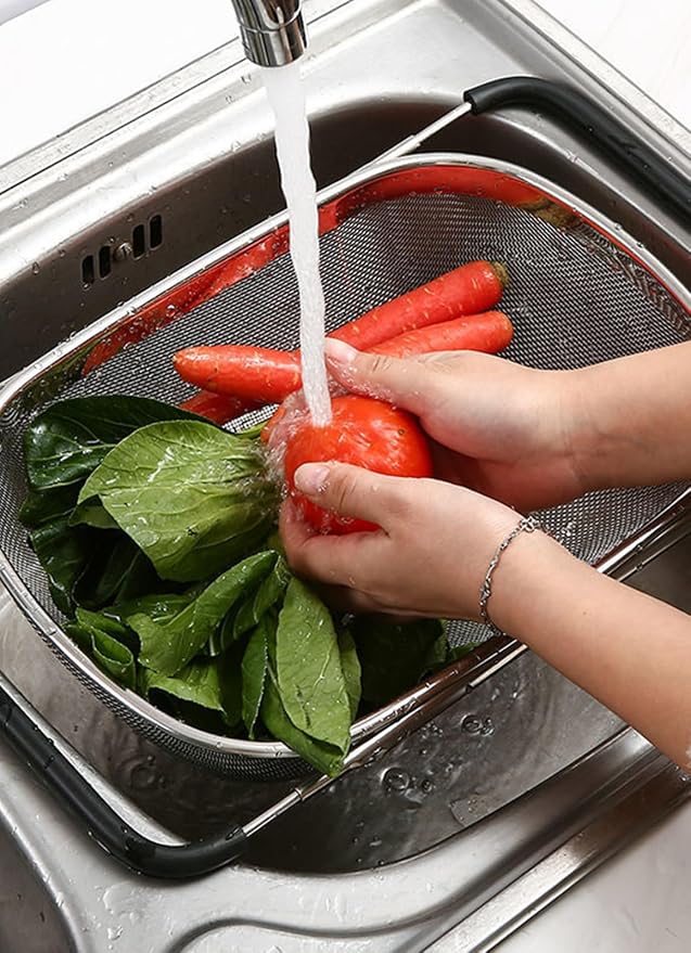 Fine Mesh Colander Over The Sink 6 Quart Stainless Steel Strainer Basket | Expandable Rubber Grip Handles - Strain, Drain, Rinse Fruits, Vegetables