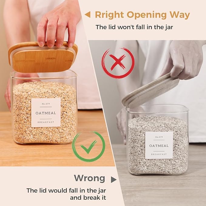 2 Pack Square Glass Flour and Sugar Containers with 132 Kitchen Pantry Labels - Thicken 85 FL OZ Large Glass Storage Jars with Airtight Bamboo Lid - Big Food Canisters for Cookies, Candy, Tea, Coffee