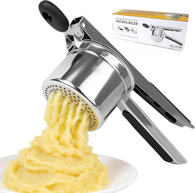 15oz Stainless Steel Potato Ricer - Heavy Duty Mashed Potato Ricer with Silicone Grip, Dishwasher Safe Professional Kitchen Tool for Perfect Mashed Potatoes & Purees