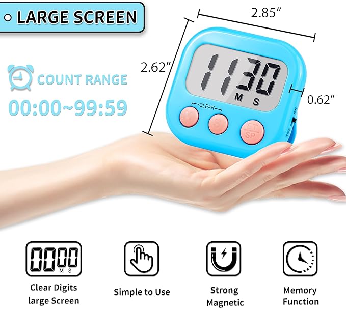 Timer for Kids Teachers Digital Kitchen Timers for Cooking Large Magnetic Classroom Timer 4Pack-Blue White