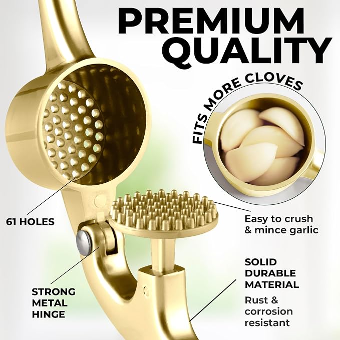 Zulay Kitchen Large Premium Garlic Press Set - Bigger Bowl for Bigger Garlic - Rust Proof Garlic Mincer Tool - Easy-Squeeze, Easy-Clean Silicone Garlic Peeler & Brush (Gold)