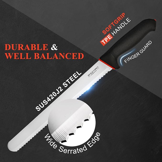 10 Inch Wavy Edge Serrated Bread Knife for Sourdough, With Non-Slip Softgrip, Sharp & Long Blade For Homemade Bread, Cake, Bagel, 2.5MM Thickened Japanese High Carbon Stainless Steel
