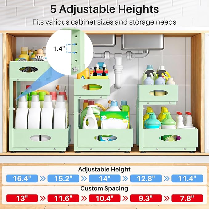 Under Sink Organizer, 2 Tier Pull Out Under Cabinet Organizer Shelf with Pad for Framed Cabinets, Metal Slide Out Under Sink Storage, Mesh Sliding Drawers for Kitchen Bathroom Laundry(Green, 1 Pack)