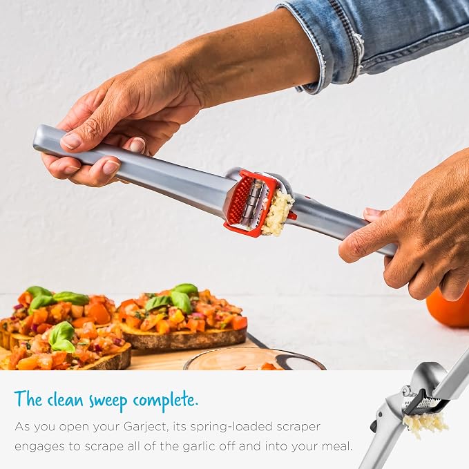 Dreamfarm Garject 2-In-1 Garlic Peeler, Garlic Press & Mincer with Garlic Peel Ejector, Chrome-Plated Zinc - Red | No-peel mincer with skin eject button, crushes up to 3 cloves, dishwasher safe, durable chrome-plated zinc