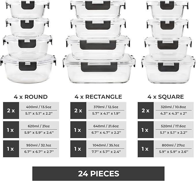 Freshware Glass Storage Containers with Lids, 24 Pieces, 12 Containers with 12 Lids, Glass Meal Prep Container for Lunch, Food Storage Containers, Leak Proof, Freezer Safe, Gray