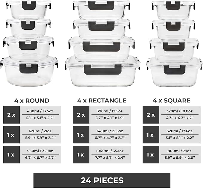 Freshware Glass Storage Containers with Lids, 24 Pieces, 12 Containers with 12 Lids, Glass Meal Prep Container for Lunch, Food Storage Containers, Leak Proof, Freezer Safe, Gray (Pack of 2)