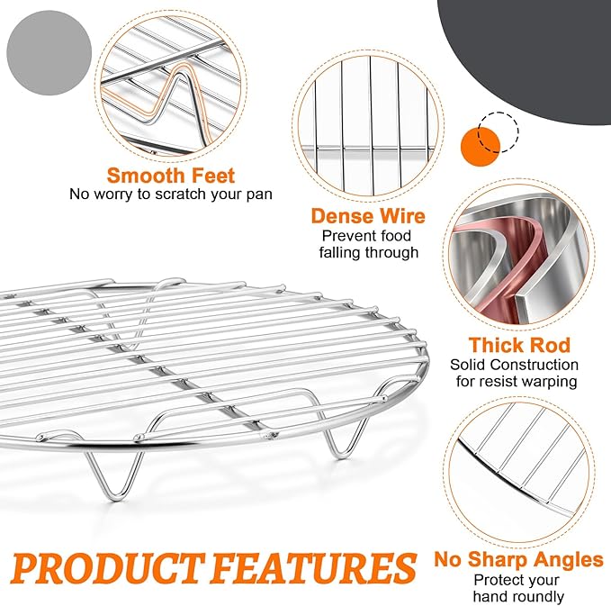 P&P CHEF 9 Inch Cooking Rack Round for Steaming Cooling, Silver, 2 Pack | Stainless Steel Round Wire Rack for Baking Grilling, Roasting, Fits Air Fryer, Steamer Pot, Oven & Dishwasher Safe