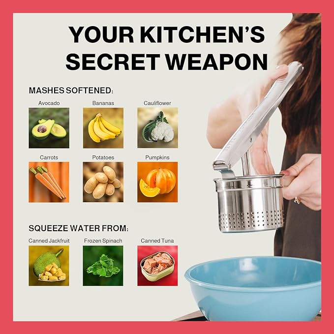 Potato Ricer - Ricer for Mashed Potatoes, Made of 18/8 Stainless Steel, Make Fluffy Smooth Mashed Potatoes & Rice Cauliflower, Vegetables, Professional Kitchen Tool, Press, Large Masher