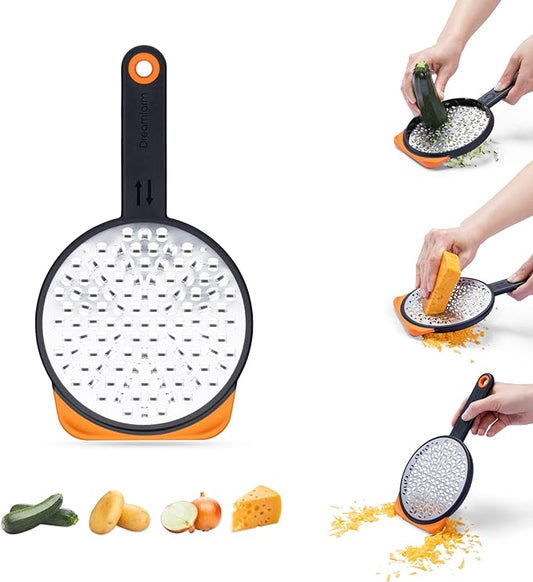 Dreamfarm Ograte Double Sided Cheese Grater - 6mm Coarse Grating, Orange | Multi-directional handheld food and vegetable shredding plane with bowl hook and non-slip foot, flat for space-saving storage