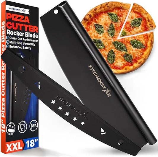 18-Inch Pizza Cutter Rocker Blade, 304 Stainless Steel Slicer Knife, Black | Protective cover included, one-piece design, food-grade stainless steel, suitable for extra large pizzas