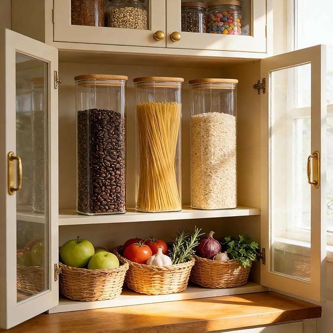 KEYWING 72oz Glass Spaghetti Pasta Storage Containers with Lids, 3 Pack | Tall Square Glass Canisters for Pantry Organization, Ideal for Flour, Cereal, Sugar, Beans and Various Dry Food Ingredients
