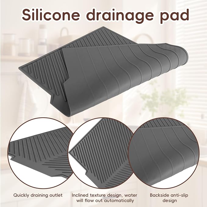 Silicone Dish Drying Mat with Drain Lip 17” x 13”, Heat-Resistant Sloped Sink Draining Tray for Kitchen Worktops, Draining Mat, Rack Mat, Multi-Purpose Hot Pads