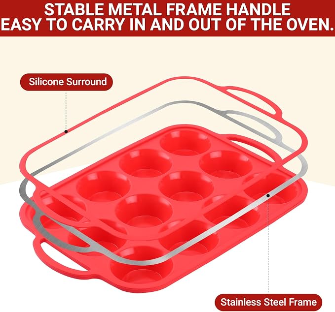 Redfly Silicone Muffin Pans for Baking 12 Cup with Metal Reinforced Frame, Nonstick 2Pack Regular Size Cupcake Pan, BPA Free Food Grade, Easy Release, Dishwasher Oven Freezer Safe for Egg Bite Molds