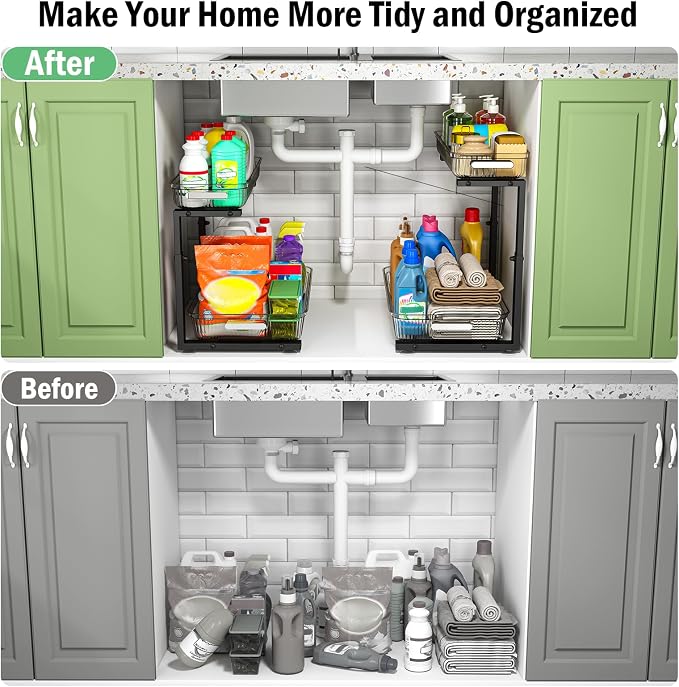 ARSTPEOE 2 Pack Double Sliding Under Sink Organizers and Storage,Two Tier Bathroom Storage and organization,Under Cabinet Organizer, Clear