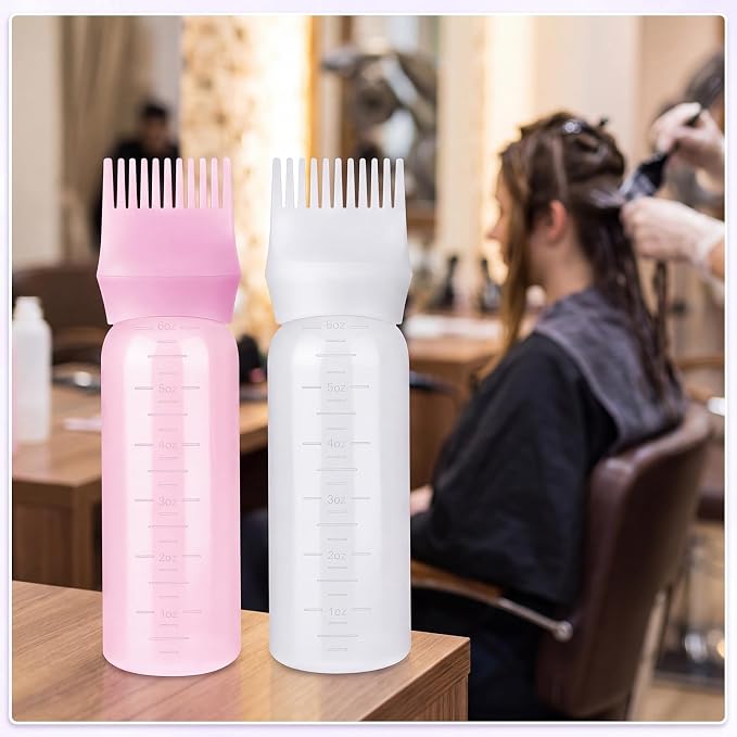 Pimoys 2Pcs 6Oz Root Comb Hair Dye Oil Applicator Bottles For Scalp | Pink White, Plastic Squeeze Bottle Dispenser with Graduated Scale, Comb Tip Applicator For Hair Coloring Oiling Home Salon