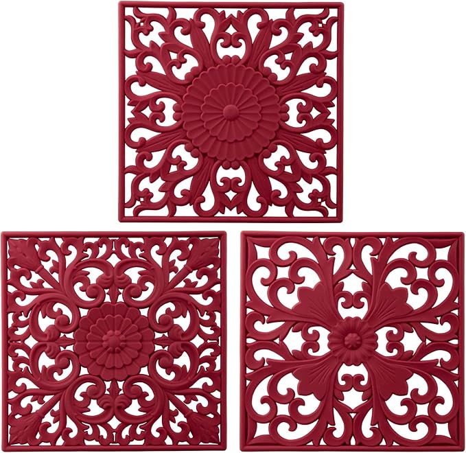 Silicone Trivets for Hot Dishes, Heat Resistant Mats for Pots & Pans, Square Hot Pads for Kitchen Counter, Multi Function Trivet Mat, Flexible Silicone Pot Holders Mats Set of 3 Burgundy