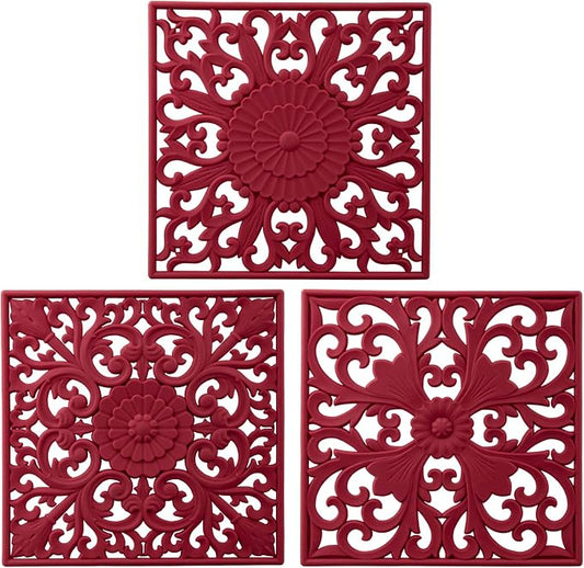Silicone Trivets for Hot Dishes, Heat Resistant Mats for Pots & Pans, Square Hot Pads for Kitchen Counter, Multi Function Trivet Mat, Flexible Silicone Pot Holders Mats Set of 3 Burgundy