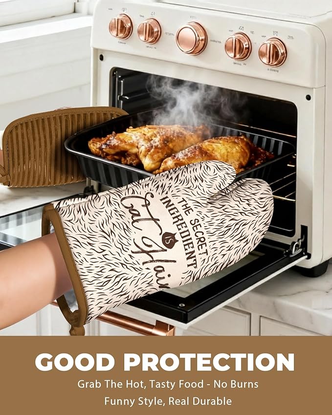 Slohif Funny Oven Mitts and Pot Holder for Women - Heat Resistant Brown Cute Novelty Kitchen Oven Mittens 100% Cotton, Non-Slip Silicone Surface Pot Holder for Baking and Cooking Accessories
