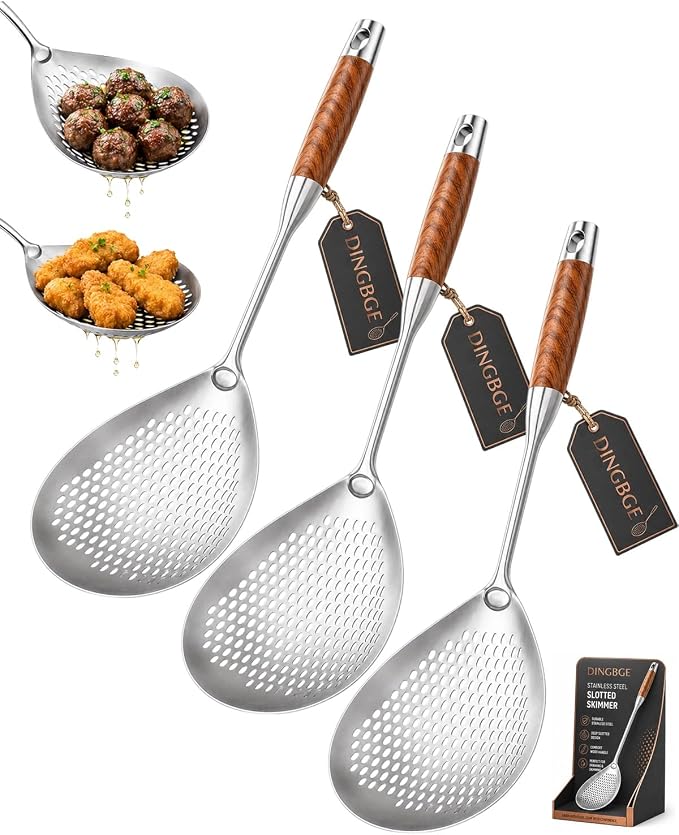 Wooden Handle Stainless Steel Skimmer Spoon Spider Strainer Slotted Scoop Frying Ladle Kitchen Gadgets Deep Fryer Cooking Draining Pasta Noodle Hot Pot Dumpling Seafood 304 Long(3PCS)