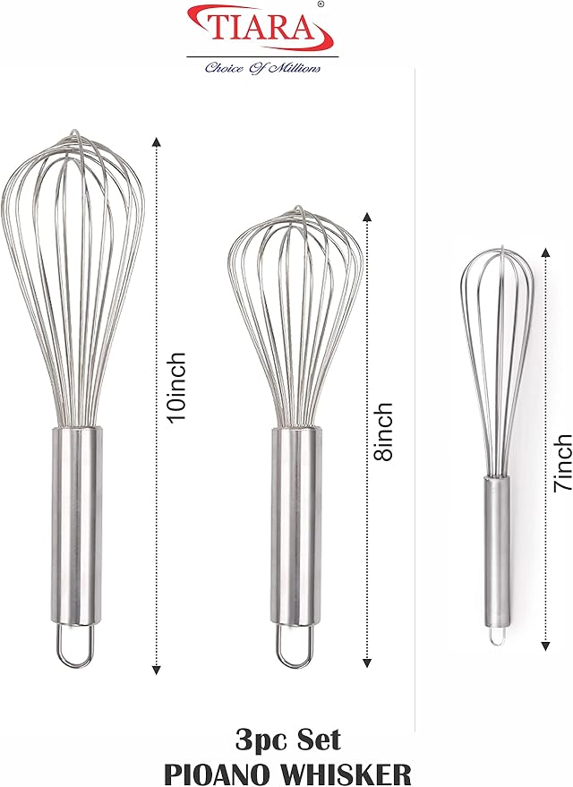 TIARA - Piano 3pc Whisks for Cooking, 3 Pack Stainless Steel Whisk for Blending, Whisking, Beating and Stirring, Enhanced Version Balloon Wire Whisk Set (7+8+10)inch