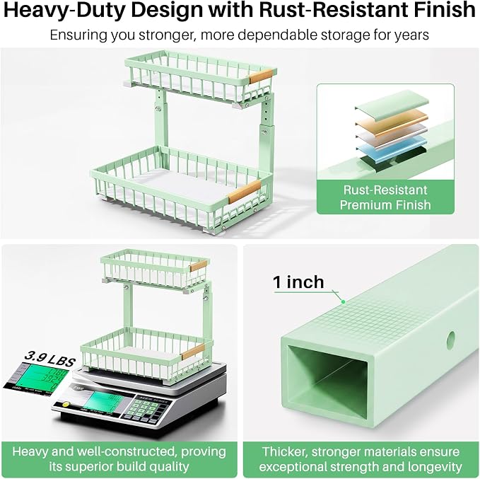 Kitstorack Under Sink Organizer, 2 Tier Under the Sink Storage, Slide out Pull out Cabinet Organizer Shelf, Metal Sliding Drawer for Kitchen Bathroom Pantry Closet Organization Rack, Green, 1 Pack