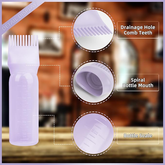Root Comb Applicator Bottle 6 Ounce, 4 Pack - Hair Oil Applicator with Root Comb Brush for Scalp Hair Oiling - Purple