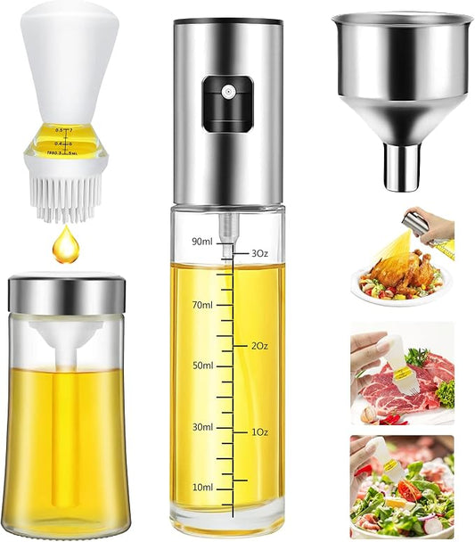 Olive Oil Sprayer and Dispenser with Silicone Brush for Cooking, Spray Bottle Set, Glass Dispenser, Mister, Salad, BBQ, Kitchen Baking, Roasting, Air Fryer, 2 Pack, (KP02)