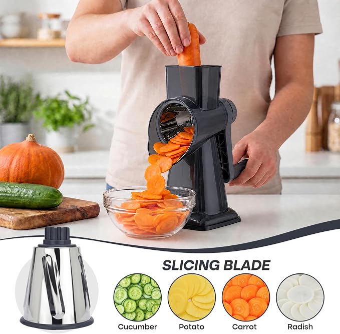 Rotary Cheese Grater,Cheese Shredder Hand Crank, Manual Cheese Grater for Veggies, 3-Blade Grater, Home Kitchen Appliances and Kitchen Gadgets (Black)