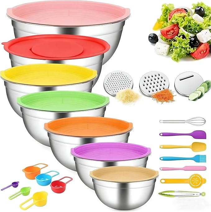 Mixing Bowls with Lids Set(Colorful-7 Sizes) | Stainless Steel,7 Sizes (0.7-4.5QT), with 3 Grater Attachments, Nesting, Dishwasher Safe, for Cooking, Baking and Serving
