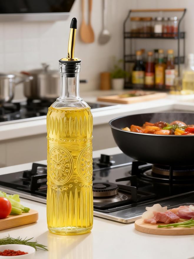 1 Pcs Olive Oil Dispenser Bottle for Kitchen,17oz Clear Glass Cooking Oil and Vinegar Dispenser Set, Coffee Syrup Dispenser with 1 Pourers and 1 Funnel (One circle)