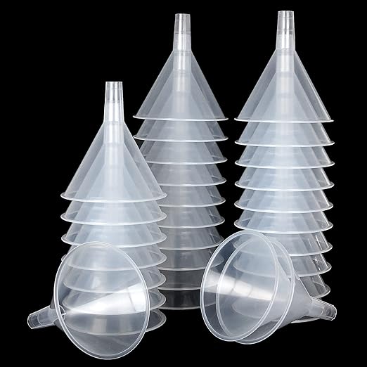 30Pcs Plastic Funnels Set, 4.7 Inch Wide Mouth Large Clear Funnels for Filling Water Bottles, Multipurpose Tool with Long Spout for Transferring Liquid, Spices, Powder, Lotion, Oils