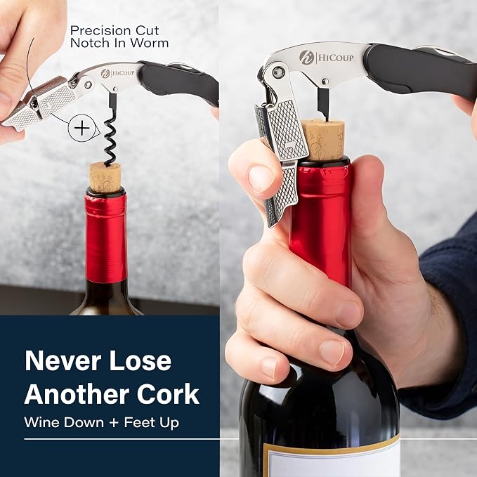 HiCoup Kitchenware Wine Opener - Professional Corkscrews for Wine Bottles w/Foil Cutter and Cap Remover - Manual Wine Key for Servers, Waiters, Bartenders and Home Use - Classic Black