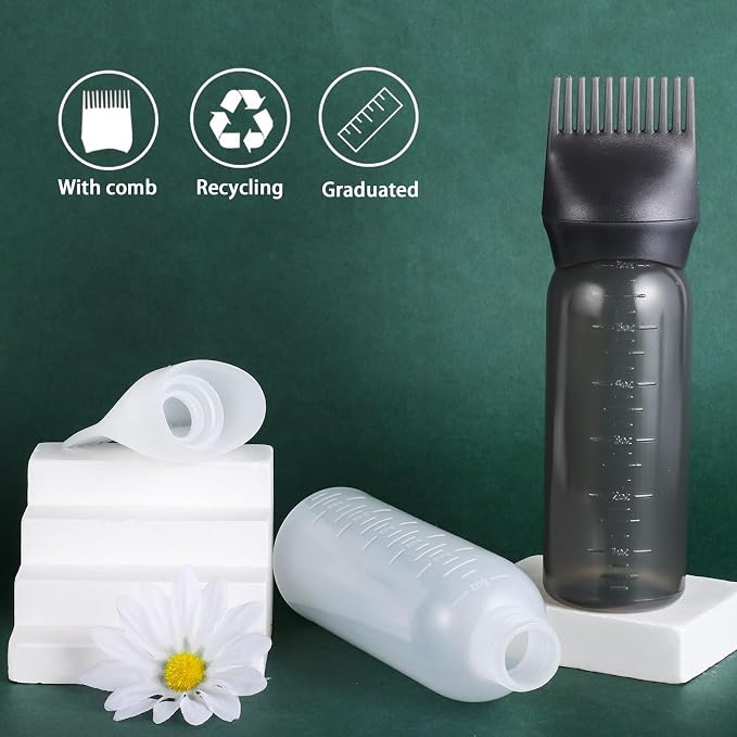 Pimoys 6Oz Root Comb Hair Dye Oil Applicator Bottles for Scalp, Black | Plastic Squeeze Bottle Dispenser with Graduated Scale, Comb Tip Applicator For Hair Coloring Scalp Oiling, Home Salon Use