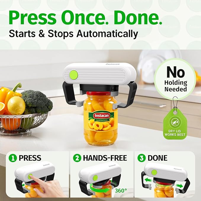 INSTACAN Effortless Electric Jar Opener Easy Opens Twist-Lid, One Handed Automatic Jar Opener for Weak Hands & Seniors with Arthritis, Battery Operated Essential Kitchen Gadgets Gift for Home