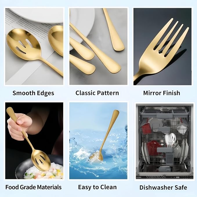 8 PCS Serving Utensils,8.7 Inch Large Serving Spoons,Slotted Spoon,Forks,Mini Coffee Spoons,Stainless Steel Serving Sets for Buffet Catering Banquet Party,Dishwasher Safe (8 Pcs(Gold))