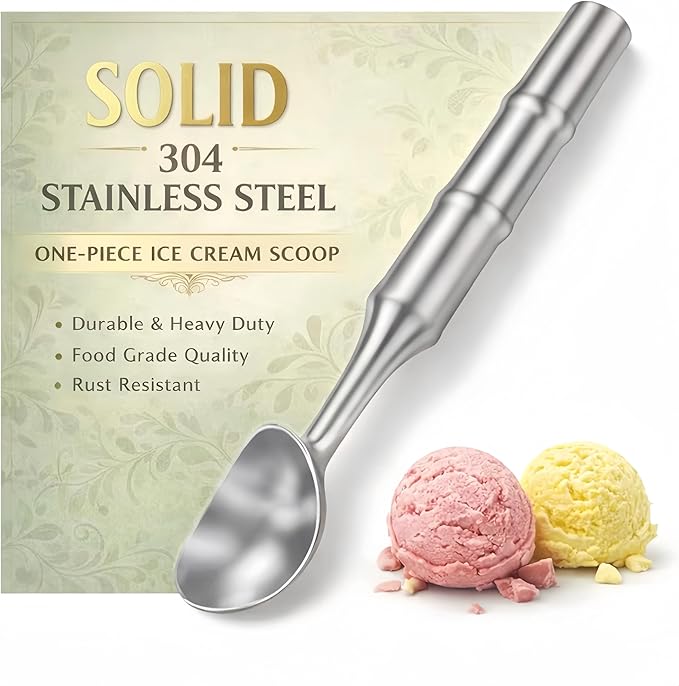 Stainless Steel Ice Cream Scoop, Heavy Duty Ice Cream Scooper with Ergonomic Grip, 100% Dishwasher Safe One-Piece Metal Scoop for Hard Ice Cream, Gelato & Cookie Dough