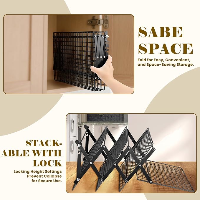 BEWOS 4 Tier Collapsible Cooling Rack - Adjustable Black Stainless Steel Baking Rack with Mesh Leak Proof, Foldable X-Shaped Structure Cooling Racks for Cooking and Baking, Dishwasher Safe