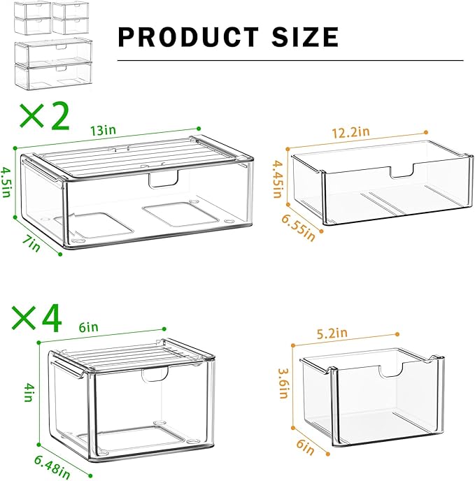 6-Pack Acrylic Stackable Storage Drawers for Vanity, Desk, Bath | 2 large & wide 13" drawers, Smooth-glide, stackable, clear body, dustproof, wipe clean, for makeup, pantry jars, under sink