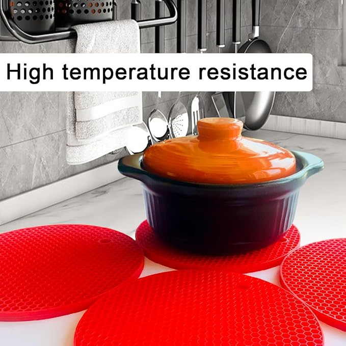 7-Inch Round Trivet Mats - 4 Pack Silicone Hot Pads, Non-Slip Heat Resistant, Dishwasher Safe, Ideal as Round Dab Mat (red)