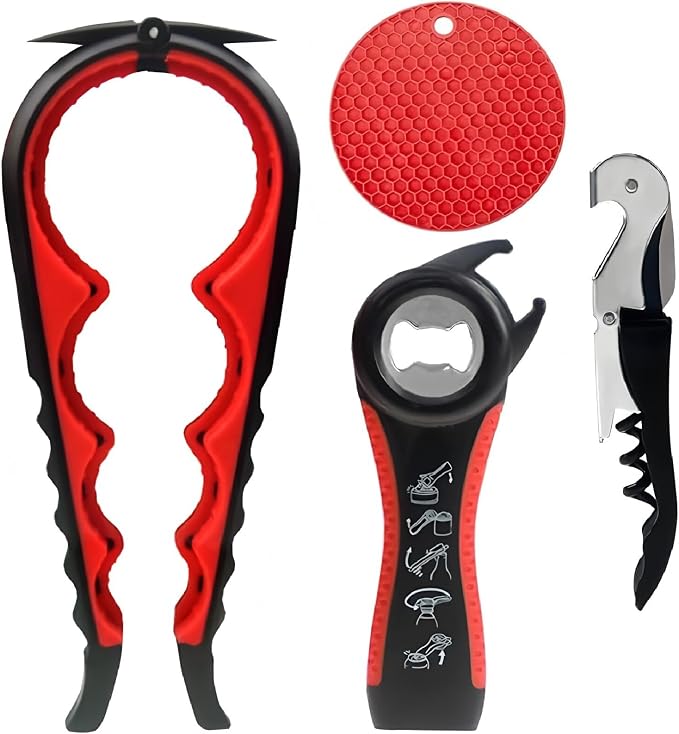 Jar Opener & Bottle Opener Set, Non Slip Lid Grip Remover, Multi Kitchen Tool for Seniors, Arthritis, Weak Hands(Red)