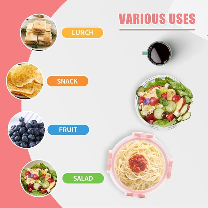 GULFLIN 12pack, 13oz Small Glass Food Storage Containers with Lids, Pink | Round Glass Containers Perfect Size for Meals and Leftovers. Particularly for Single Servings, Easy to Clean, Dishwasher Safe