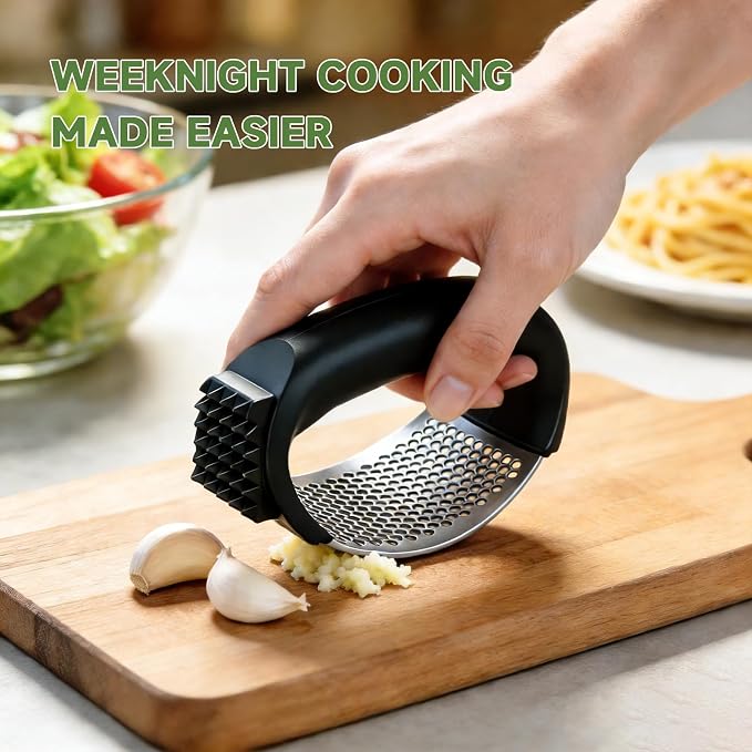 Garlic Press Rocker 304 Stainless Steel Garlic Mincer Crusher Easy to Clean Dishwasher Safe Textured End for Light Tenderizing, with Silicone Peeler and Cleaning Brush (Blue)