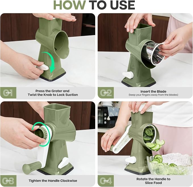 Rotary Cheese Grater,Cheese Shredder Hand Crank, Manual Cheese Grater for Veggies, 3-Blade Grater, Home Kitchen Appliances and Kitchen Gadgets (Green)