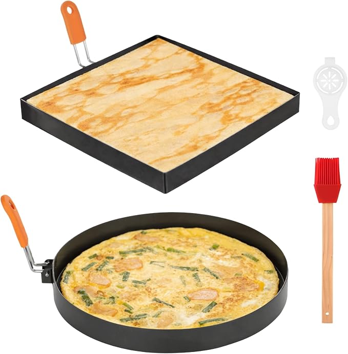 2 PCS 8 Inch Egg Rings for Frying Eggs, Round and Square Griddle Omelette Mold, Non-Stick Stainless Steel Pancake Ring with Foldable Silicone Handle, Includes Egg Separator and Oil Brush