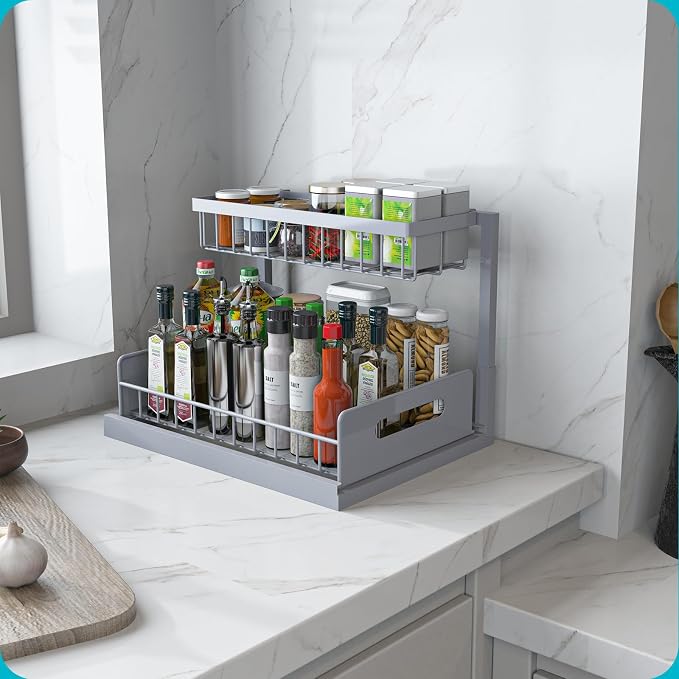 Under Sink Organizer, Pull Out Cabinet Organizer 2 Tier | Slide Out Sink Shelf Cabinet Storage Shelves, Under Sink Storage for Kitchen Bathroom Cabinet, Grey, 1 Pack